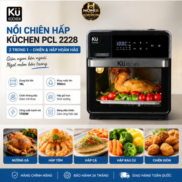 Nồi Chiên Không Dầu Kết Hợp Hấp KU Küchen PCL2228 16L Chính Hãng Đa Năng Bảo Hành 24 Tháng
