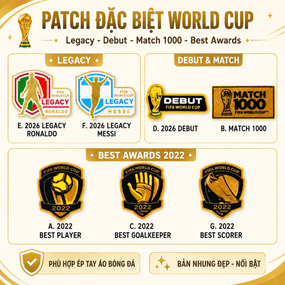 Patch Legacy World Cup 2026 Cho Cầu Thủ Tham Dự 5 Kỳ World Cup, Patch Tay Áo Bóng Đá Ép Nhiệt