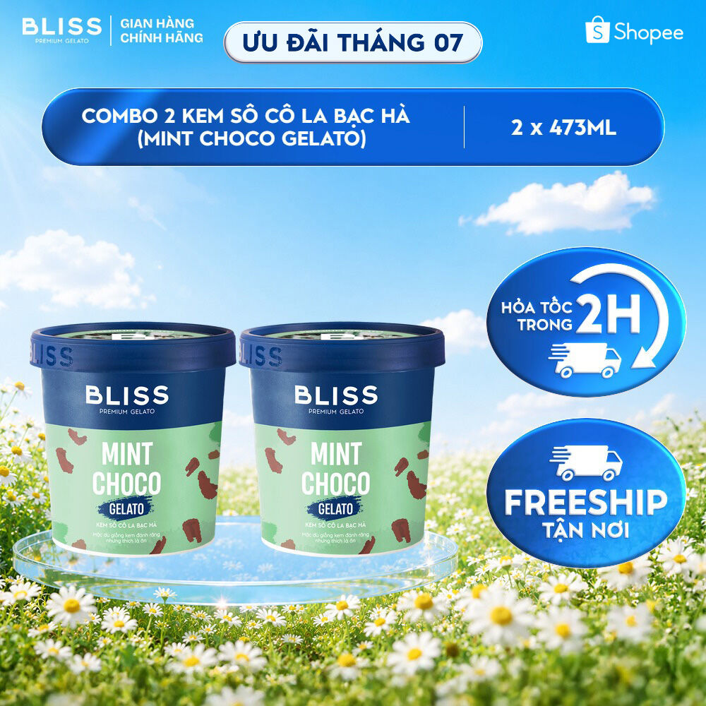 [Hỏa tốc HN/HCM] Combo 2 Kem BLISS Premium Gelato vị Sô Cô La Bạc Hà (Mint Choco Gelato) hộp 473ml