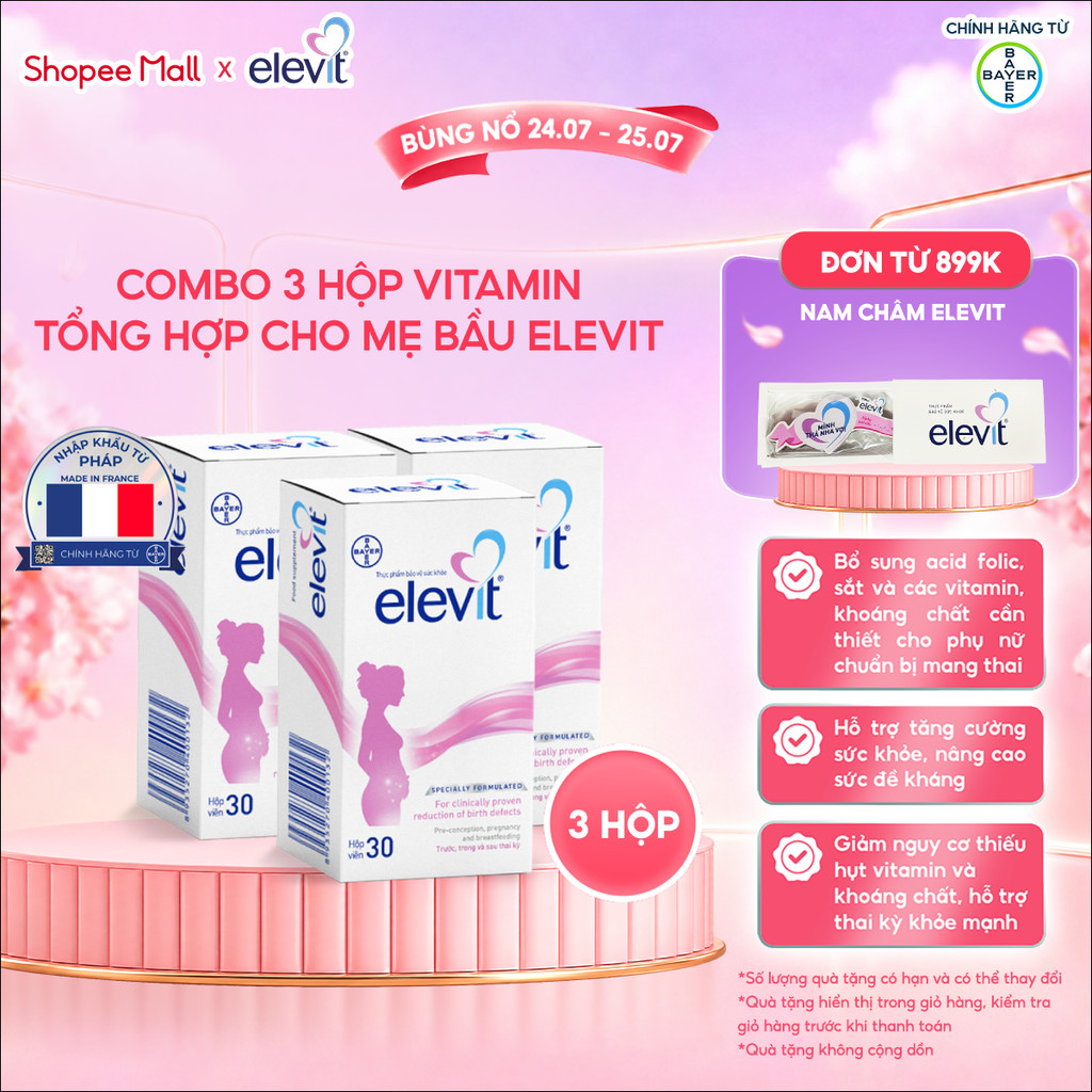 Bộ 3 Thực phẩm bảo vệ sức khỏe Elevit bổ sung Acid Folic, Sắt, Canxi, Các Vitamin và Các khoáng chất