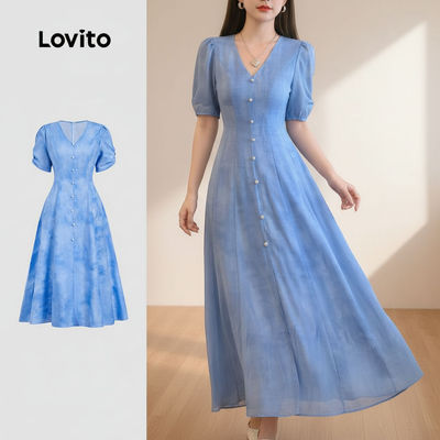 Lovito thanh lịch Đầm xanh nữ xuân hè cài nút L158AD190