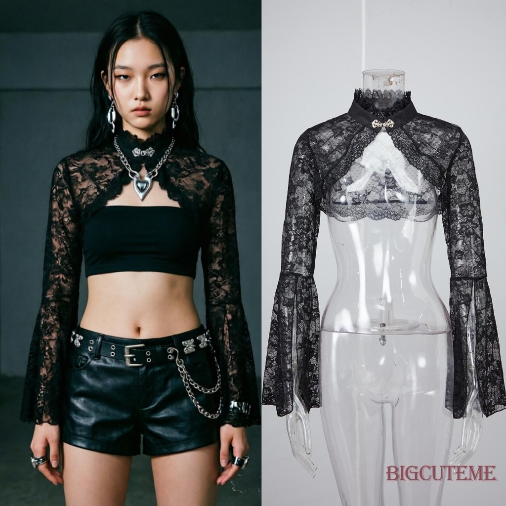 [] ~ Áo choàng ren hoa nữ Gothic dài tay chuông Bolero Shrug Áo