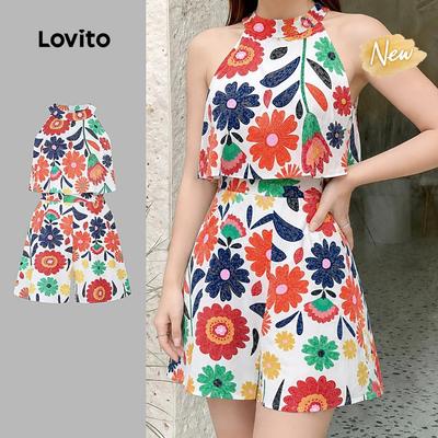 (New Arrival) Lovito Áo liền quần Boho phong cách dân tộc hai lớp dành cho nữ L198ED116