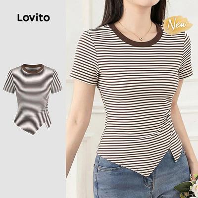 (New Arrival) Lovito Áo thun nữ mùa xuân/hè dòng màu Morandi họa tiết colorblock dáng casual màu nâu TSK8P1D642