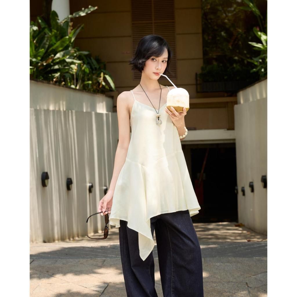 Đầm 2 dây babydoll nữ THE C.I.U, váy cổ V lệch tà chất tơ dáng xòe mềm mại đi biển – Lyric Dress