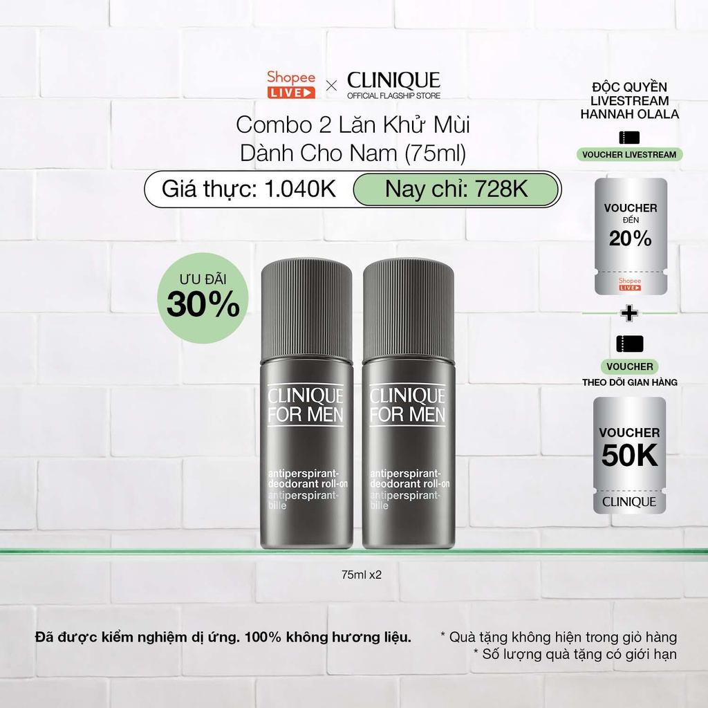[CliniquexHannah] Combo 2 Lăn khử mùi cho nam CLINIQUE For Men Anti-Perspirant Deodorant Roll On 75m