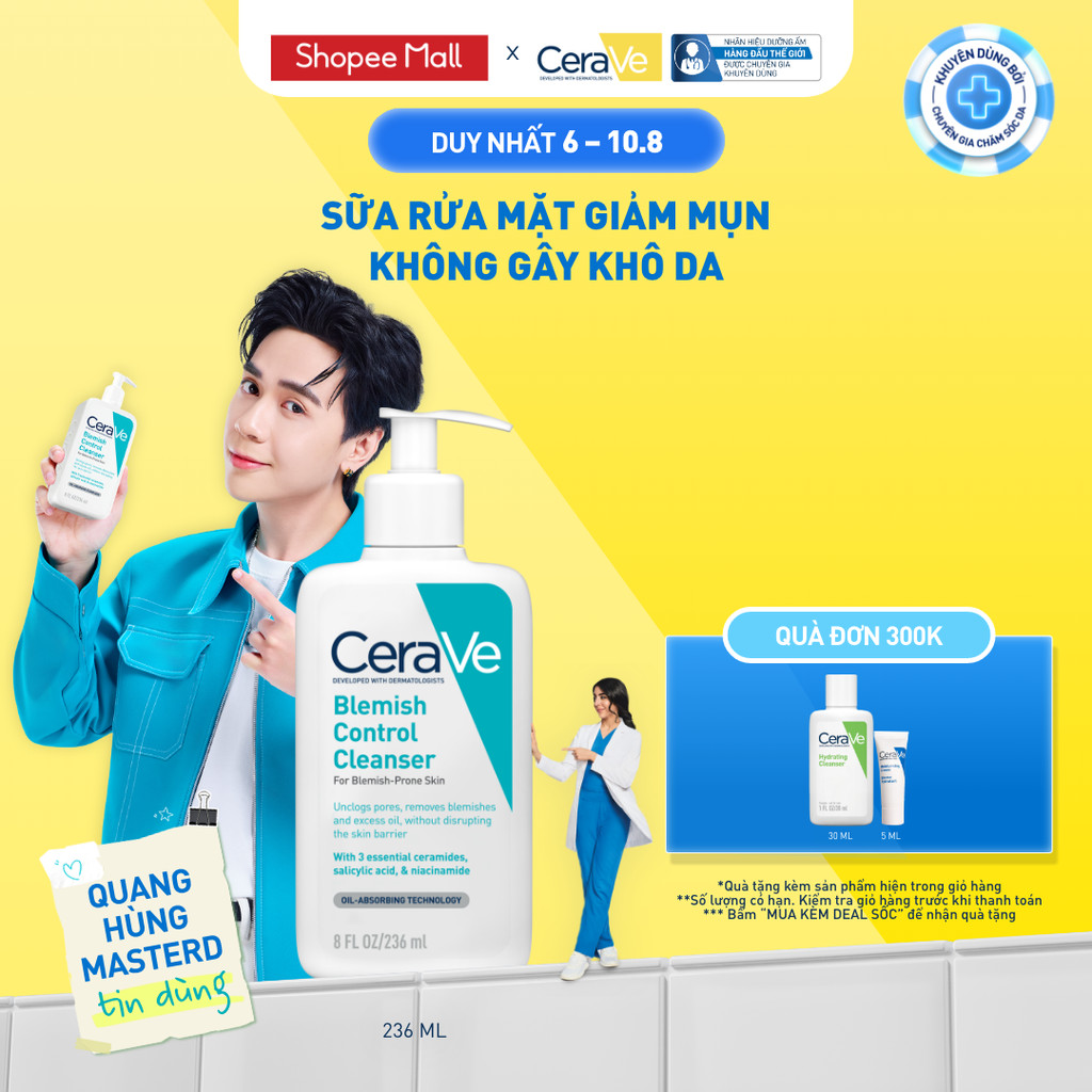 Sữa rửa mặt giảm mụn không gây khô da, không gây tổn hại bảo vệ hàng rào da - CeraVe Blemish Control Cleanser 236ml