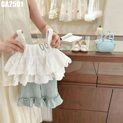 Bộ Bé Gái Áo Hai Dây Xòe Tầng Ren Thêu Hoa Phối Quần Lửng Bèo Xanh Mint MINTSCLOSET GA2591