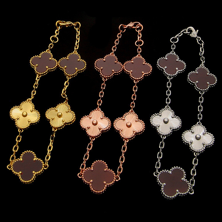 T2K3 Red agate five-piece women's bracelet with floral design and five carved four-leaf motifs