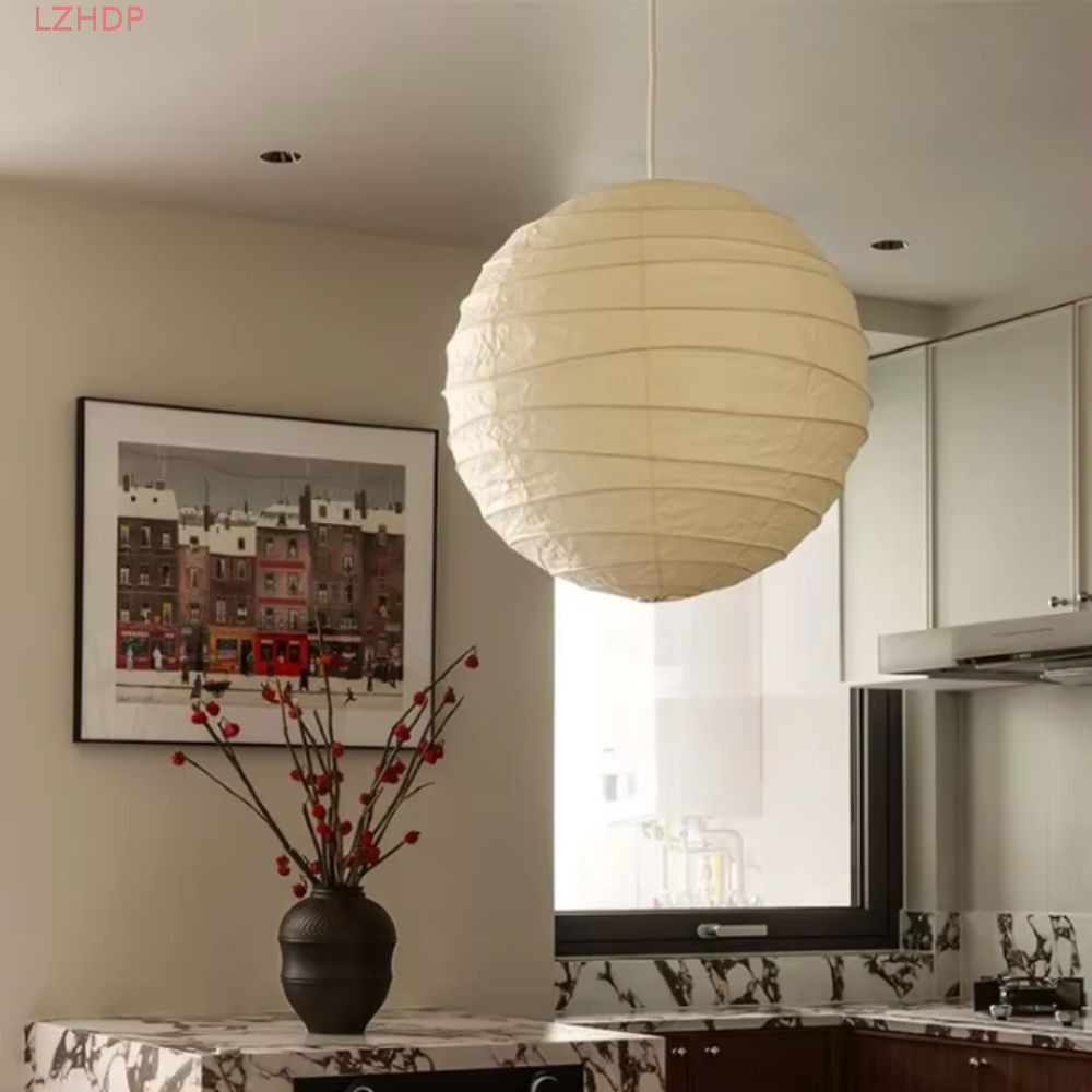 LZHDP Đèn lồng giấy LZHDP, Chụp đèn giấy gạo tròn lớn, Phong cách Noguchi Vintage, Chụp đèn LED tươn