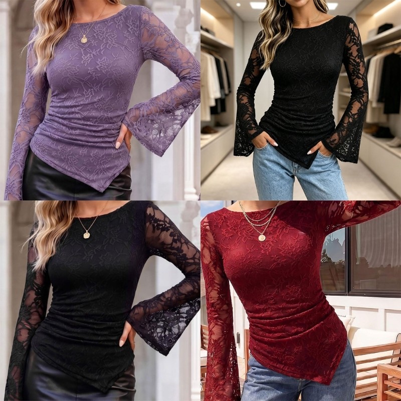 Yao Nữ Chuông Ren Sheer Dài Tay Bohemian Tây Áo Được Trang Bị Bất Đối Xứng Bohemian Quần Áo Ruched Á