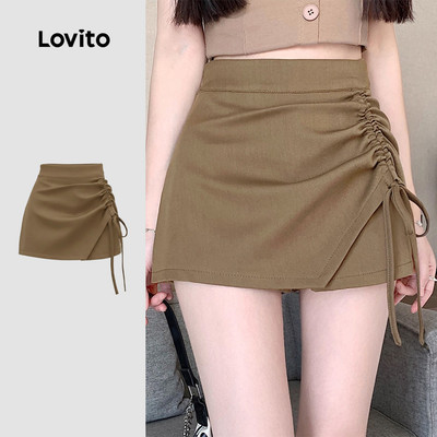 Quần short Lovito phong cách thường ngày Hàn Quốc dây rút khóa kéo mùa xuân/hè màu kaki cho nữ LK3ED072