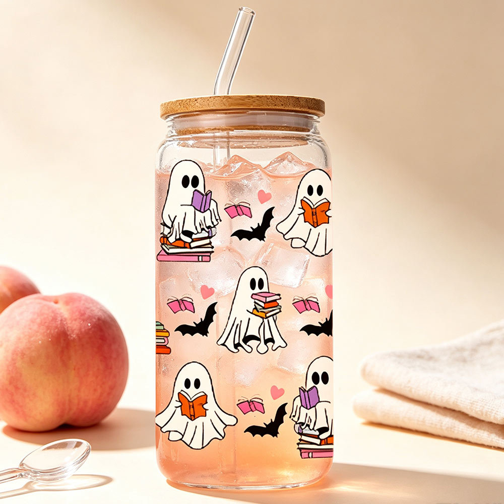 Cute Halloween Ghost Clear Glass Tumbler with Straw, Pumpkin Tumbler 500ml