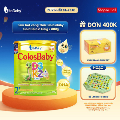 Sữa bột ColosBaby Gold D3K2 2+ cho trẻ trên 2 tuổi - Hỗ trợ phát triển xương, bổ sung dinh dượng - Lon 800g