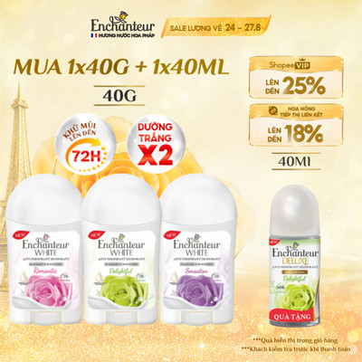 [TẶNG 1 LĂN 40ML] Sáp Khử Mùi Enchanteur Khô Thoáng Dưỡng Trắng từ Niacinamide Hương Nước Hoa Pháp Cao Cấp dung tích 40g