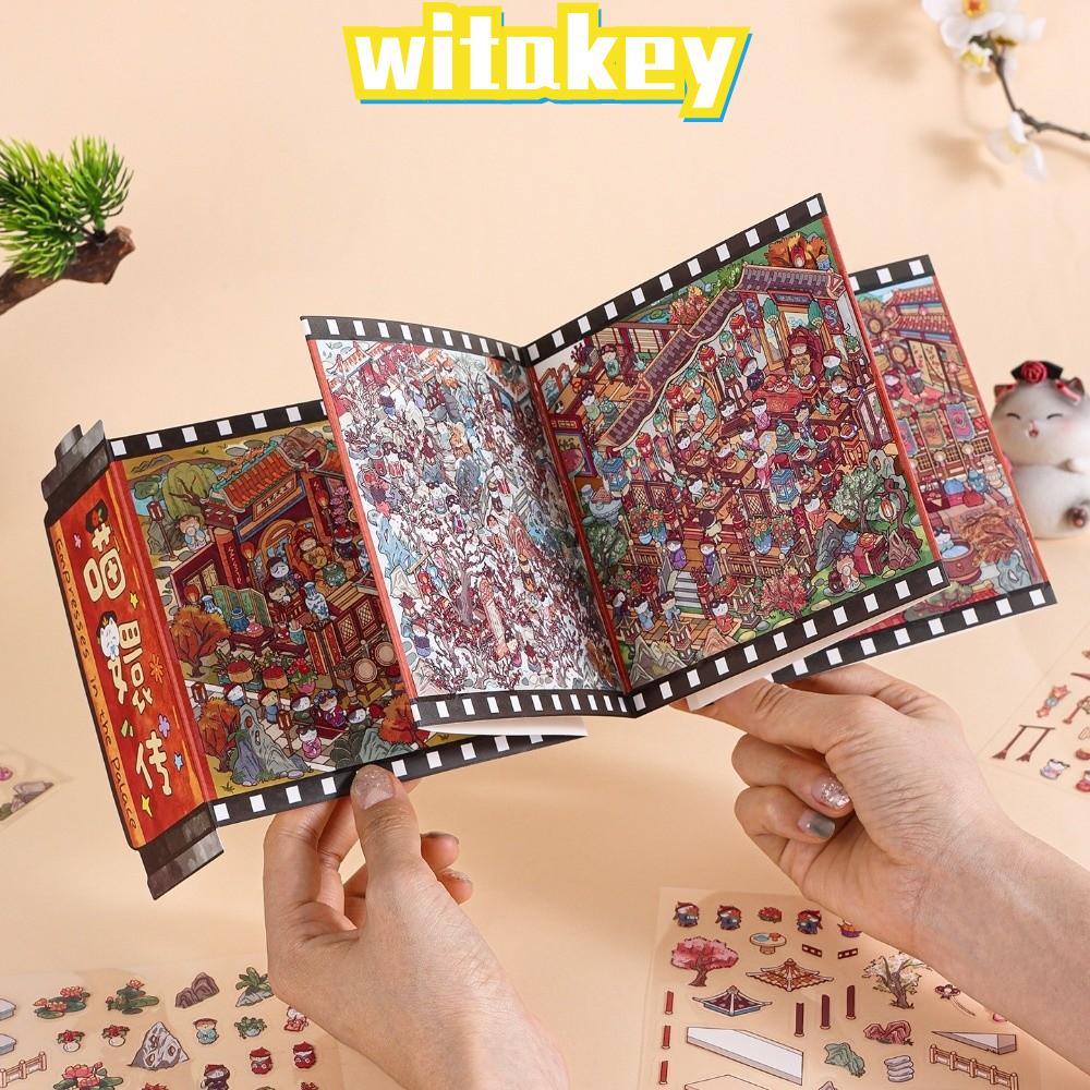 WITAKEY Cabin Scene, Meow Gets Into Character Kawaii Design DIY Sticker Book, Scroll Style Cartoon C