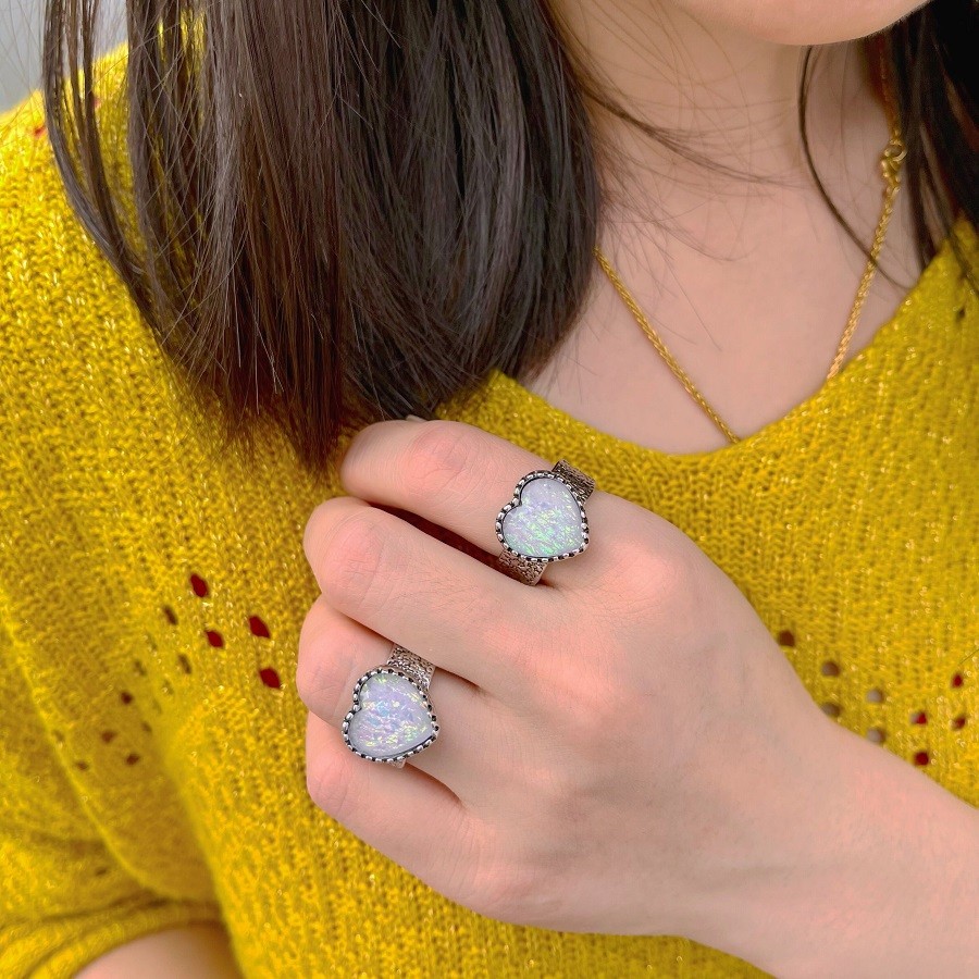 Ban Đầu Y2K Opal Tình Yêu Trái Tim Nhẫn Nữ Opal Nhẫn Opal Opal Nhẫn Retro Niche Thiết Kế Đuôi Nhẫn