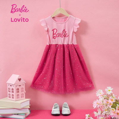 Barbie™ X Lovito Kids Phong cách thường ngày Váy dễ thương lấp lánh mùa xuân/hè màu hồng cho bé gái LB1AD004