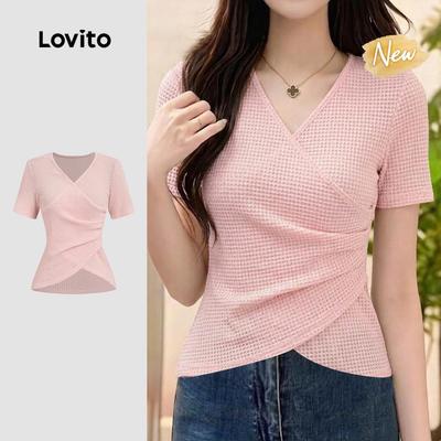 (New Arrival) Lovito Áo thun nữ màu hồng phấn nhẹ nhàng lệch vai thanh lịch cho mùa xuân/hè L199ED096