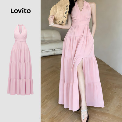 Đầm nữ Lovito hồng xuân hè ôm eo hở vai xẻ trước phong cách thường ngày LK4AD373
