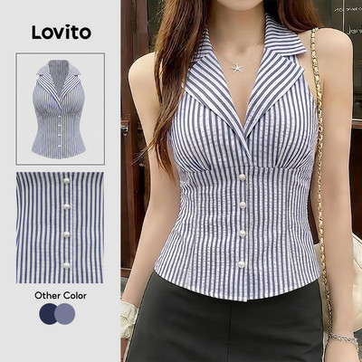 (New Arrival) Lovito Áo sơ mi nữ mùa xuân hè phong cách thường ngày cổ có nút cài LK7ED406