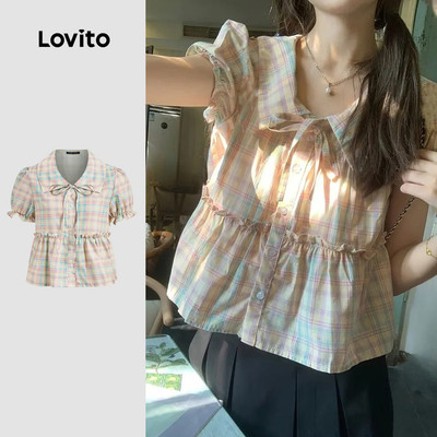 Áo kiểu nữ Lovito Kỳ nghỉ xuân hè viền nhún bèo lai bèo xếp nếp nút phong cách L144AD050