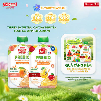 Combo 20 Túi Trái Cây Xay Nhuyễn PREBIO - Bữa Phụ Nhuyễn Mịn - ANDROS FRUIT ME UP - 80g x 20