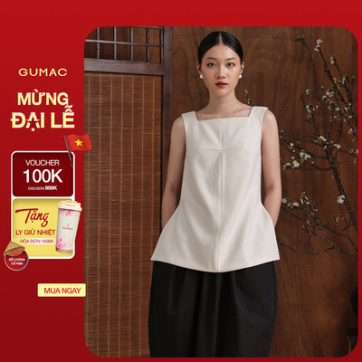 [ALEEVA x GUMAC] Áo Sơ Mi Kiểu Không Tay Form Suông Có Nhấn Eo Nhẹ - EAG01057 (Sleeveless side-slit blouse)