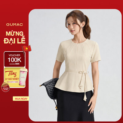 [VOUCHER 25%] Áo Kiểu Nữ GUMAC Form Peplum Cổ Tròn Tay Ngắn Chiết Eo Tôn Dáng Hiện Đại Kèm Dây Cột Eo Nữ Tính LAG06032