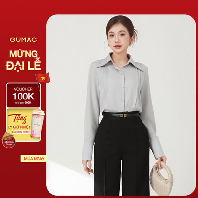 Áo Sơ Mi Nữ GUMAC Tay Dài Chiết Ly Lá Cổ Nhọn Vải Lụa Mềm Mát Công Sở AF03007