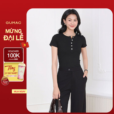 Áo Thun Nữ GUMAC Form Slim Cổ Tròn Đính Nút Xà Cừ Co Giãn Thoải Mái ATF04021