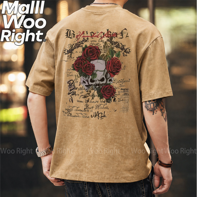 COD Woo Right Brown Loose Áo thun lưng có họa tiết đầu lâu và hoa hồng. Trên đỉnh có chữ Wu Wright. 