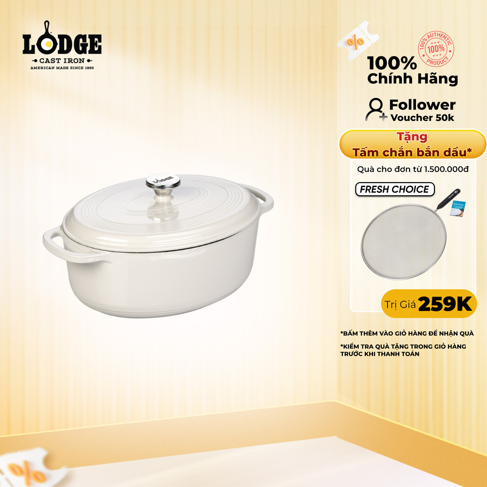 Lodge - Nồi gang oval phủ men màu trắng - 6.6L