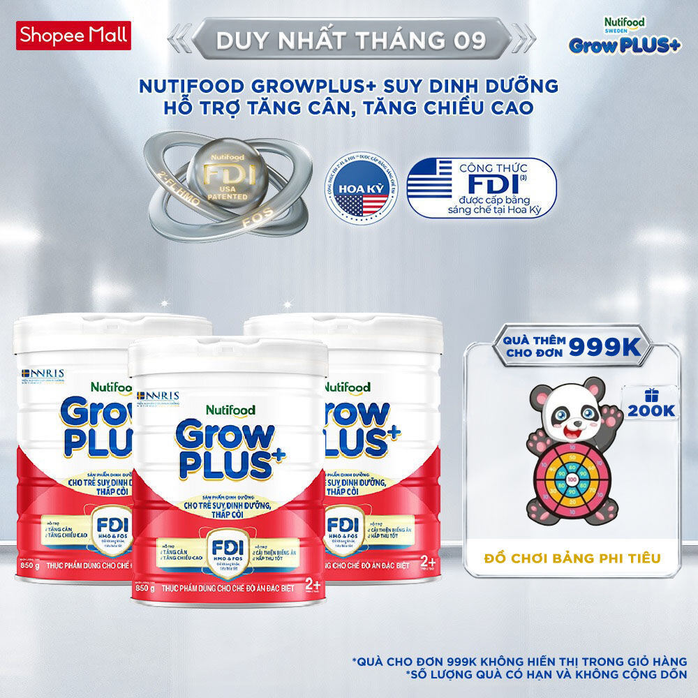 Combo 3 Sữa bột Nutifood GrowPLUS+ Đỏ (Suy Dinh Dưỡng) trên 2 tuổi (3 lon x 850g) - Grow Plus+