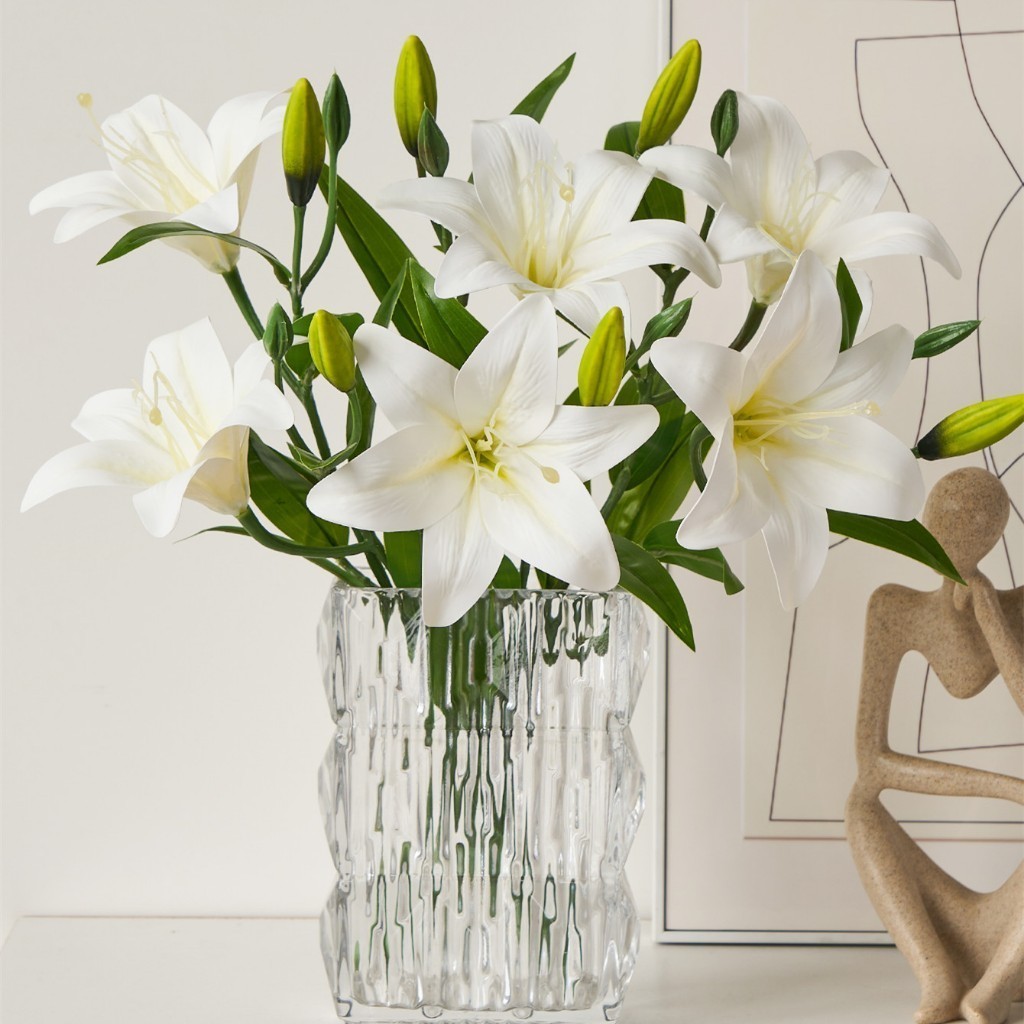 1 Bunch 45cm Long Artificial Flower 3 Heads Tape Silk Lily Flower Bouquet For Wedding Home Office Ho