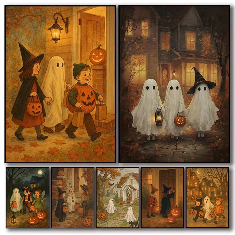 Retro Trẻ Em Dễ Thương Ma Trick or Treat Halloween Parade Bí Ngô Ma Quái Thẩm Mỹ Poster Canvas Paint