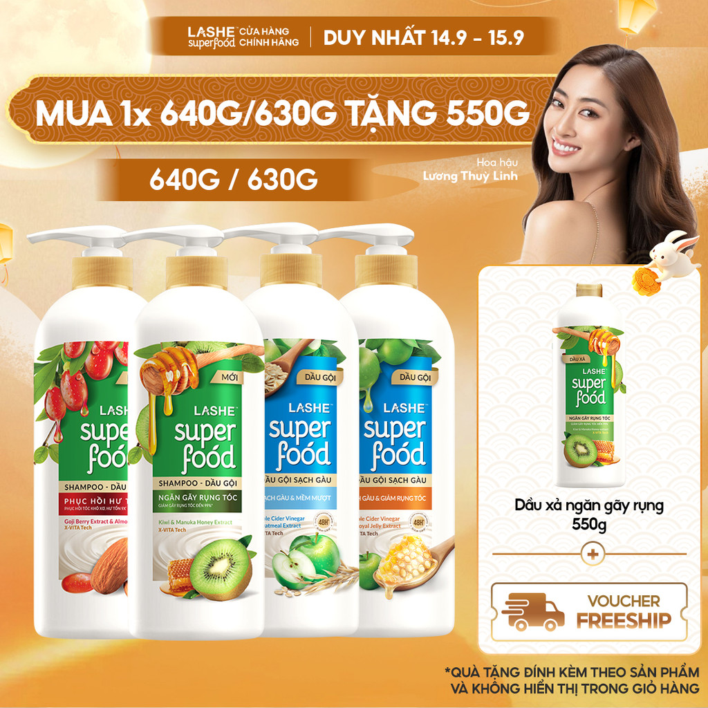 Dầu Gội LASHE SUPERFOOD Ngăn Rụng Tóc/Phục Hồi Hư Tổn/Sạch Gàu Giảm Rụng/Sạch Gàu Mềm Mượt 630G/640G