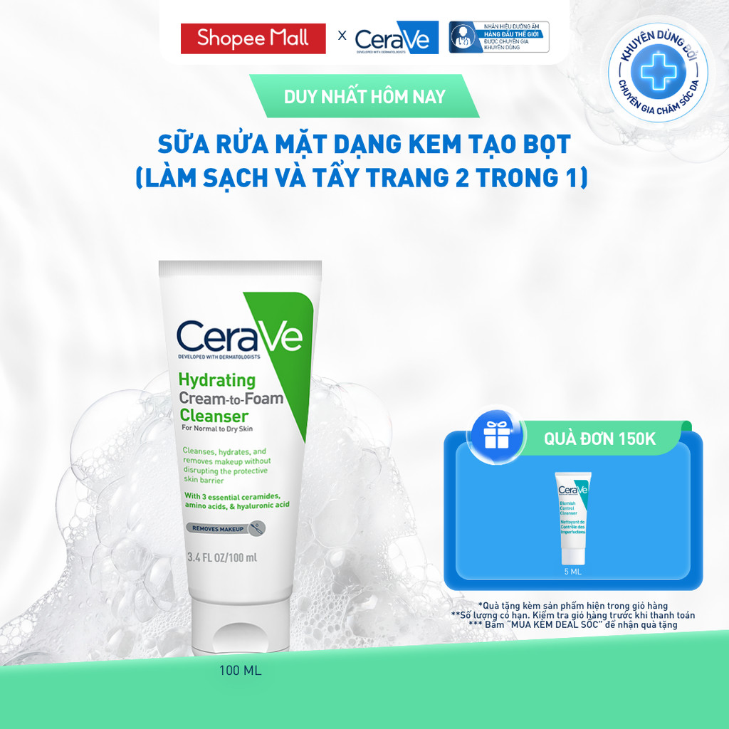 Sữa rửa mặt CeraVe dạng kem tạo bọt (làm sạch và tẩy trang 2 trong 1) Hydrating Cream-to-Foam Cleans