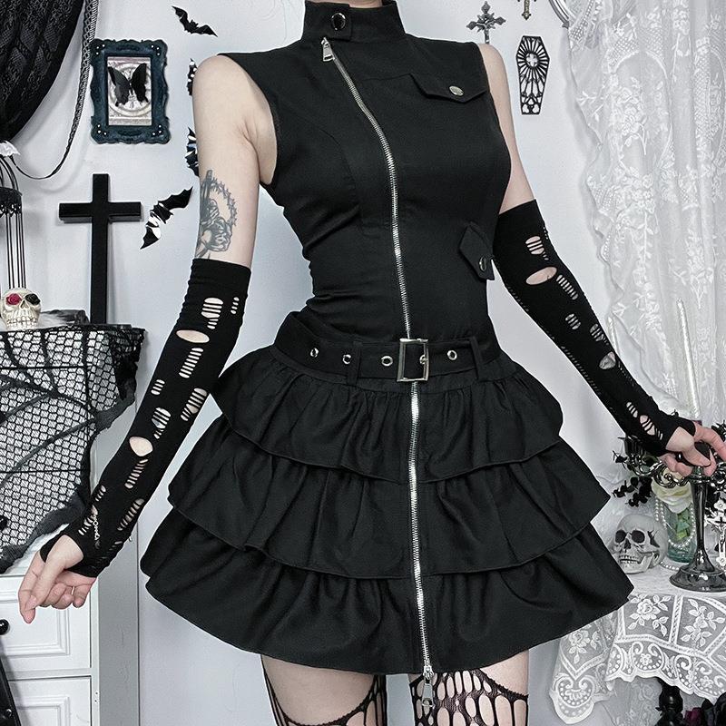 CF25043 Dark Gothic Retro Dây Kéo Áo Váy Phong Cách Mới Độc Đáo Phố Punk Đầm Nữ