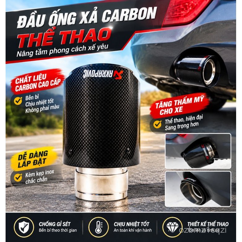 Ống xả Akrapovic carbon sáng inox phổ thông kẹp trang trí bền đẹp giao nhanh