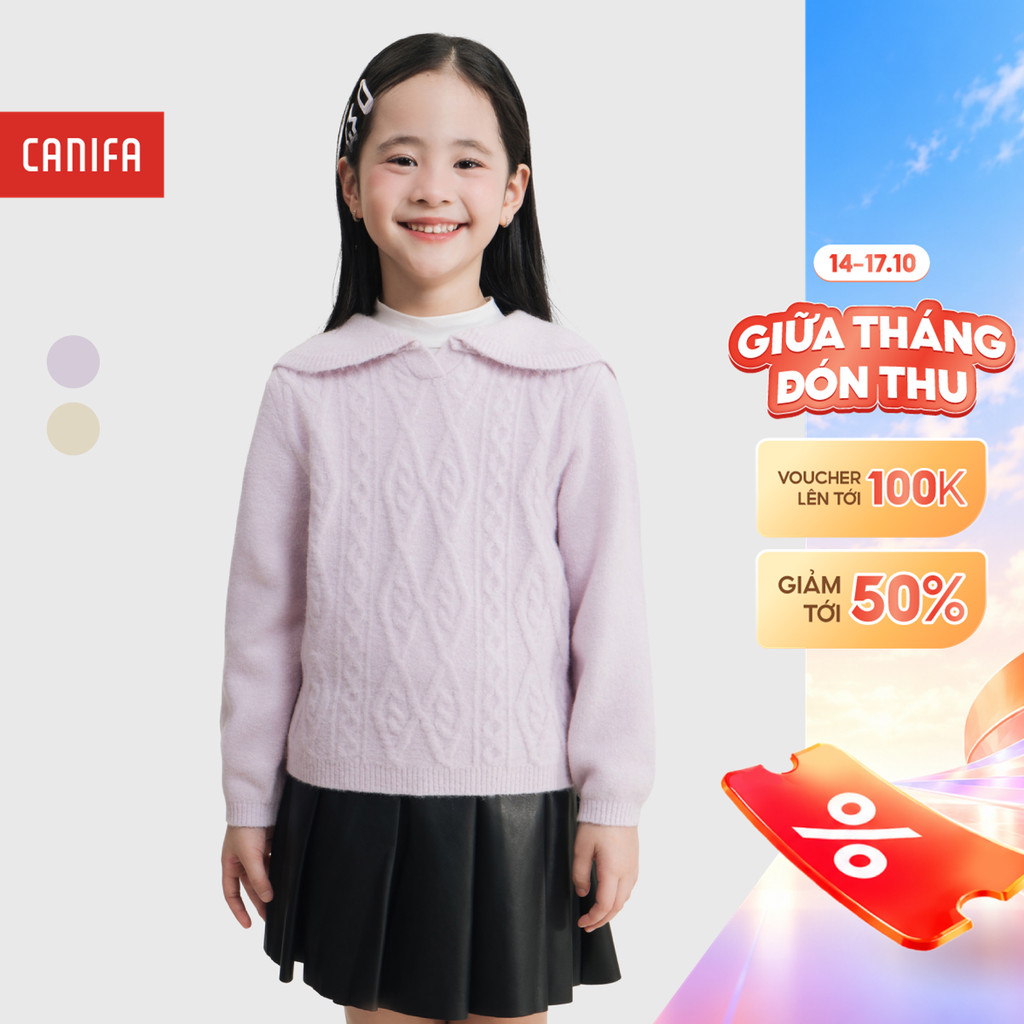 Áo len bé gái dài tay cổ bẻ chi tiết vặn thừng dễ thương CANIFA 1TE25C008