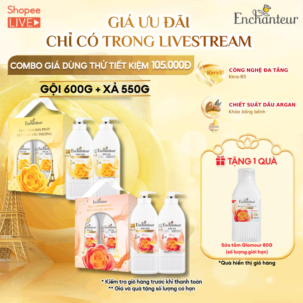 [GIÁ TỐT] Combo Dầu gội 600g Enchanteur tặng Dầu xả 550g dưỡng tóc mượt thơm lâu - live