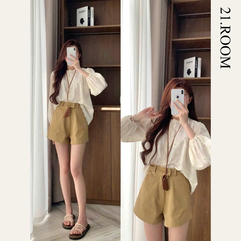 Quần Short Thô Trơn Cúc Giấu Dáng Suông 21.ROOM Q508