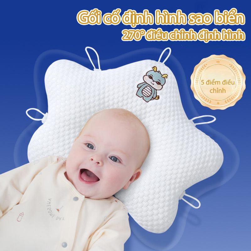 Gối định hình cho bé,có điều chỉnh dây rút năm bên để điều chỉnh hình đầu bé,có thể giặt được,thoáng khí