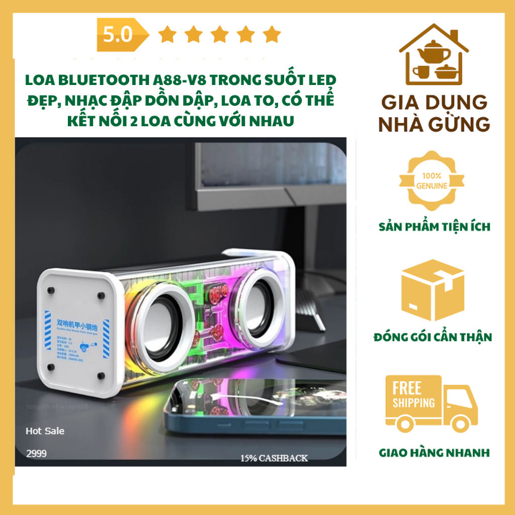 Loa Bluetooth A88-V8 Trong Suốt Led Đẹp, Nhạc Đập Dồn Dập, Loa To,Có Thể Kết Nối 2 Loa Cùng Với Nhau
