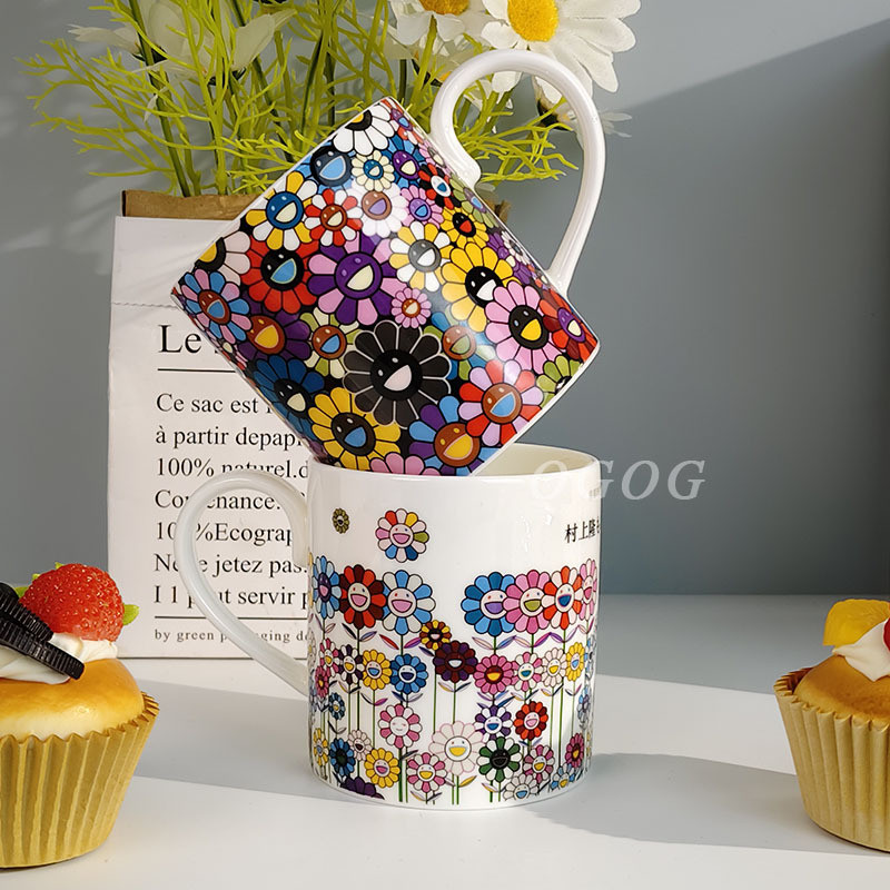 QDBI Sunflower Illustration Bone Porcelain Mugs Couple's Matching Cups Household Water Cups Milk Cup