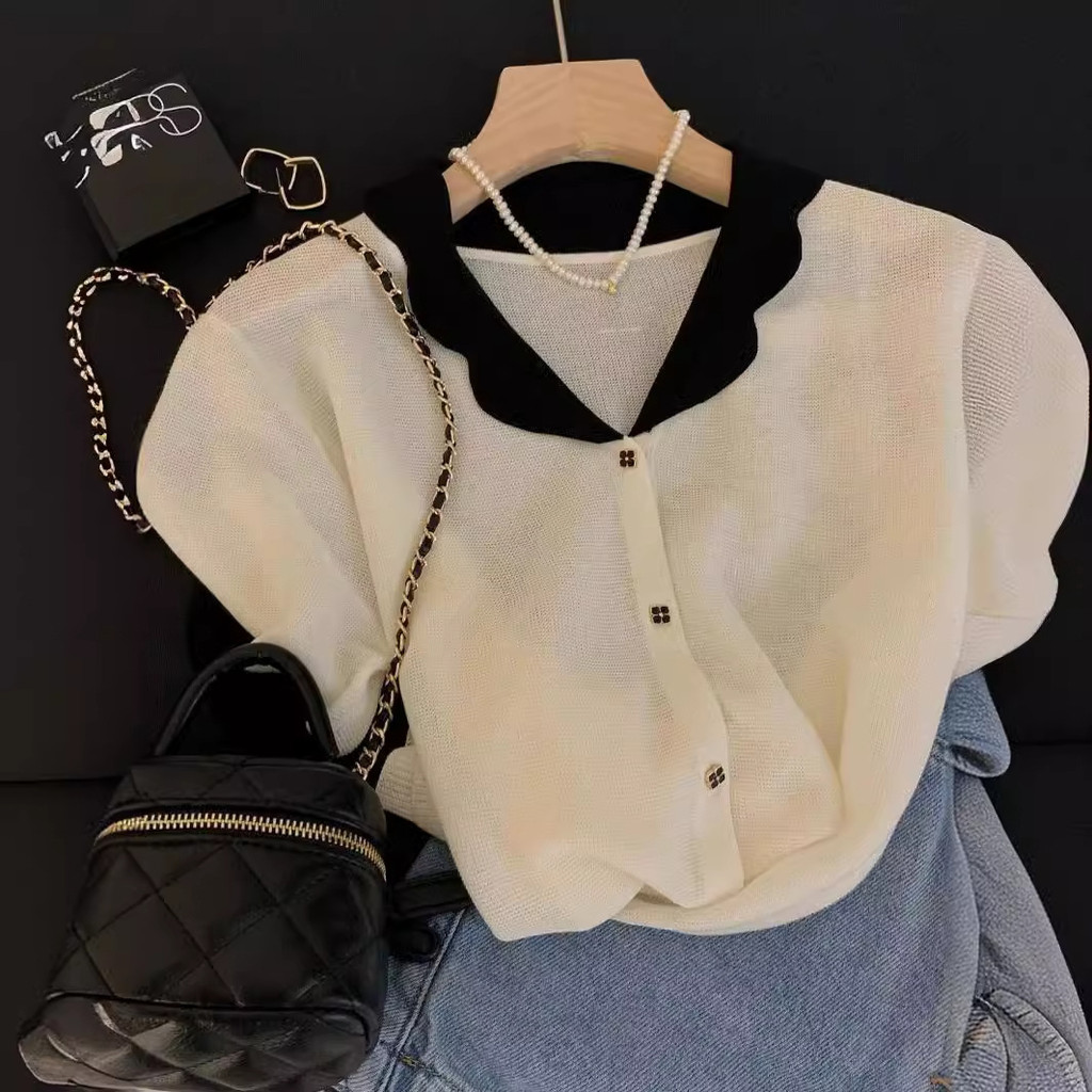 FKMG Peter Pan collar short sleeve shirt t Shirt polo Women's summer ice silk knitted cardigan short
