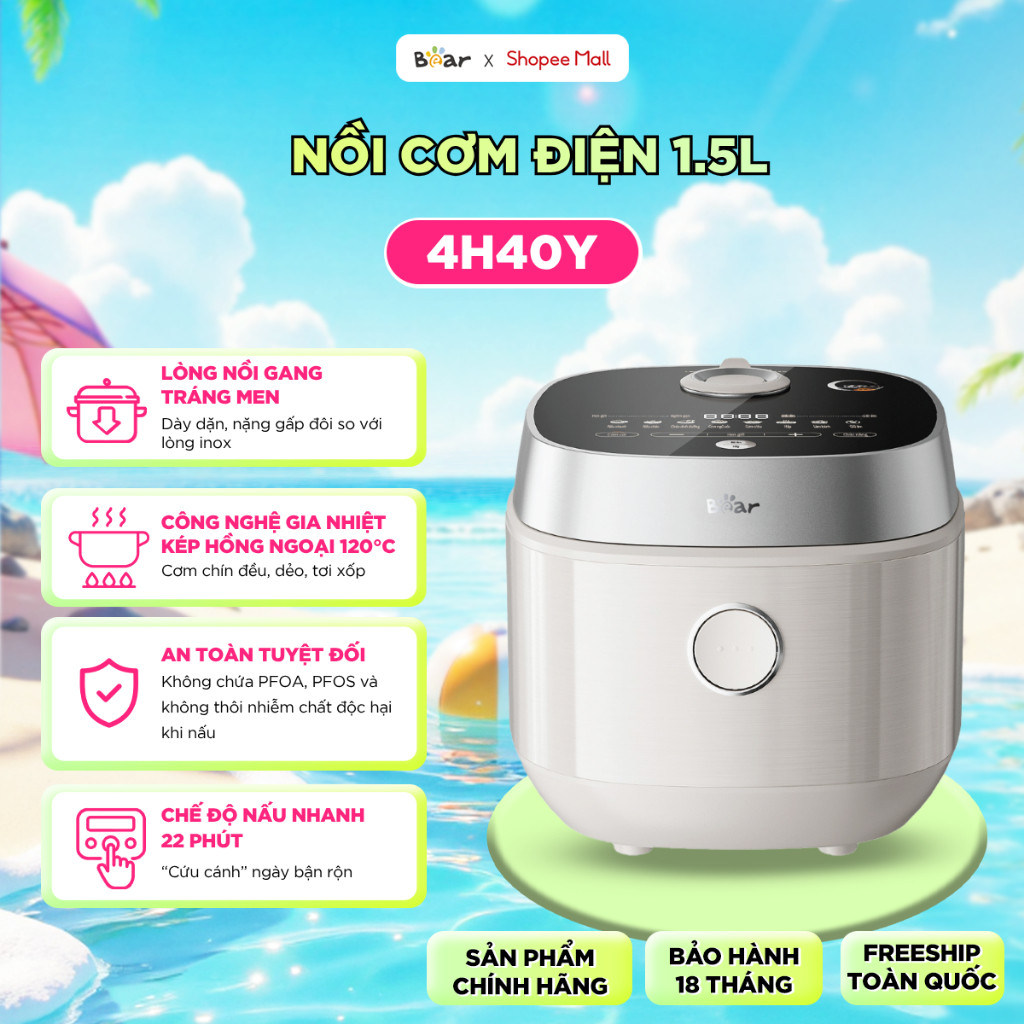 Nồi Cơm Điện BEAR 1.5L Lòng Gang Đúc Nguyên Khối Chống Dính Ceramic Pro 9H Công Nghệ Gia Nhiệt Kép R