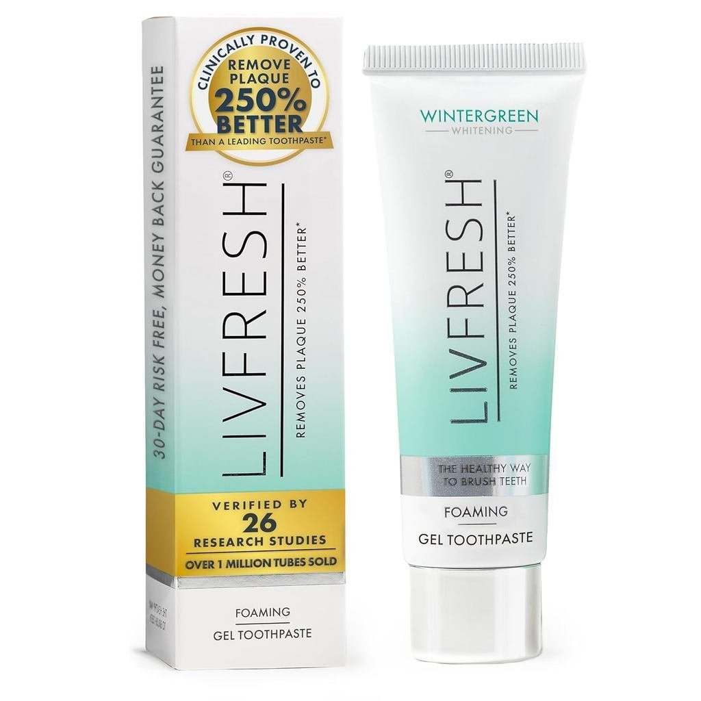 LIVFRESHToothpasteGel,ClinicallyProventoRemovePlaque250%Better,ImprovesGumHealth190%Better,Prevents&