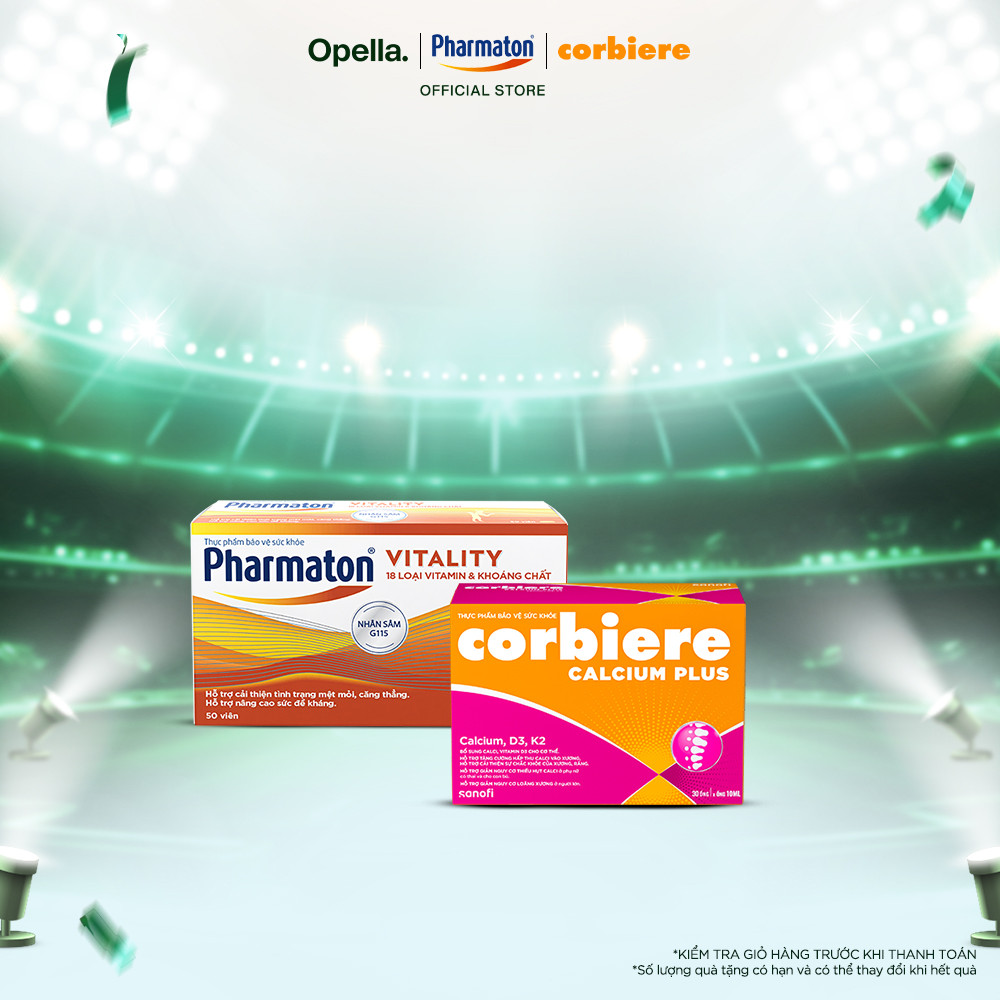 Bộ 1 Thực Phẩm Bảo Vệ Sức Khỏe Pharmaton Vitality Dạng Vỉ Hộp 50 Viên + Thực phẩm BVSK Corbiere Calc